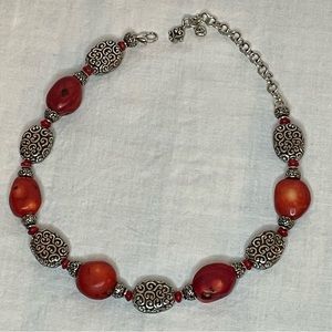 BRIGHTON Full Moon Rising Red Bead, Silver color necklace. Chunky Natural stones